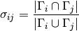 \sigma_{ij} = \frac{| \Gamma_i \cap \Gamma_j |}{|\Gamma_i \cup \Gamma_j|}
